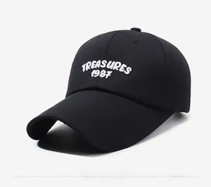 Detail of white 3D embroidered TREASURES 1987 lettering on a black cotton baseball cap