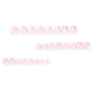 Short round press on nails set featuring pink French tips and colorful floral patterns