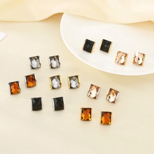 Square Stud Earrings Stainless Steel 18K Gold Plated Faceted Glass Geometric Simple Elegant Jewelry For Women Accessory