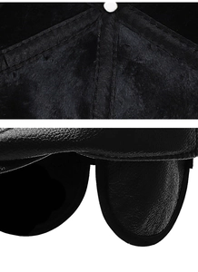 Close-up of winter leather hat with warm fleece lining and ear protection flaps