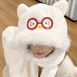 Cute white plush hooded scarf with cat ears and red glasses embroidery for women