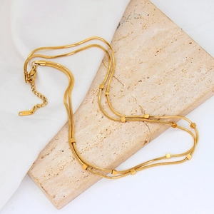 Double-layered 18K gold plated stainless steel snake chain necklace with small square beads