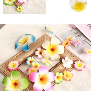 Various colored EVA Hawaiian plumeria flower clips on a rustic wooden frame and linen