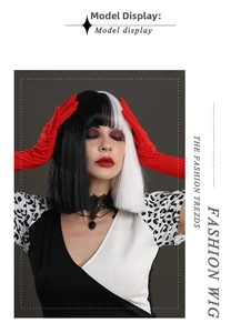 Detail of short split black and white bob wig for Halloween cosplay outfits