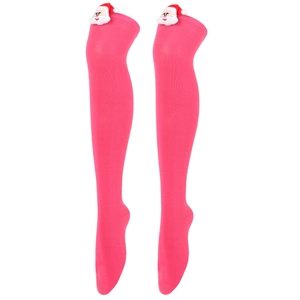 Detailed knit texture of pink over-the-knee socks with a 3D Santa Claus doll decoration