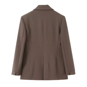 Rear view of a dark chocolate brown double-breasted blazer with padded shoulders