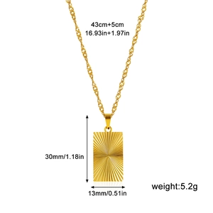 Detailed size specifications of gold necklace with rectangular radiating textured pendant