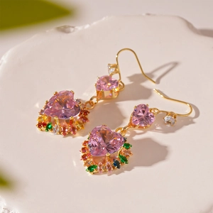Vintage heart earrings with colorful zircon and pink crystal on golden ear hooks
