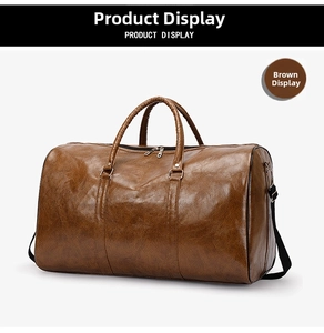 Bolso de viaje de cuero PU marrón con asas dobles y correa de hombro ajustable