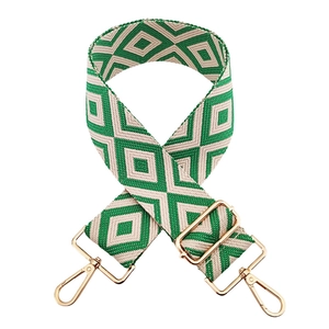 Detail of adjustable green and beige geometric diamond weave bag strap with gold metal hooks
