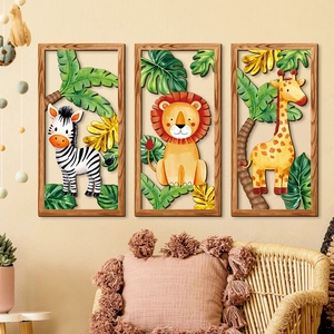 Décoration murale en bois 3 pièces avec animaux de la jungle zèbre lion girafe