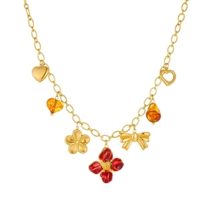 Collier en acier inoxydable doré avec pendentifs cœurs, nœuds et fleur en émail rouge vif