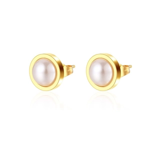 Classic gold titanium steel stud earrings with round white pearls on white background