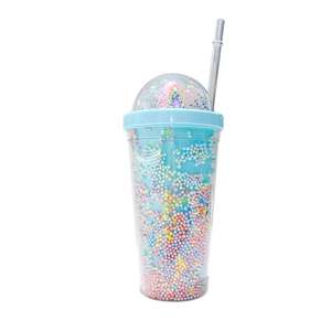 Dubbelwandige plastic beker met rietje, gekleurde kralen en een regenboog deksel