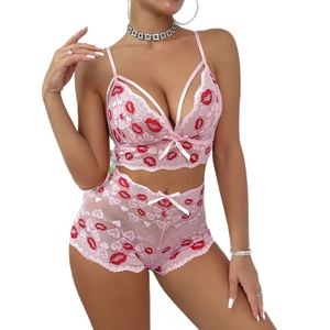 Transparentes rosa Spitzen-Dessous-Set mit roten Lippen und Schleifen für Damen