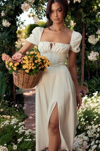 Detail of square neckline and puff sleeves on white French vintage midi dress
