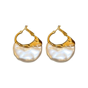 French vintage style earrings with gold pleated fluid metal and white pearl accents