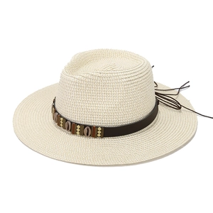 Classic Panama straw hat with ethnic beaded band for beach and summer sun protection