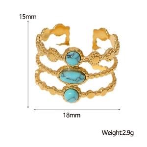 Detail view of retro gold titanium steel ring with turquoise inlay and measurements