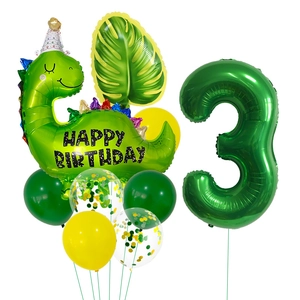 Kit d'anniversaire dinosaure avec ballon chiffre 3, ballons verts et feuille tropicale