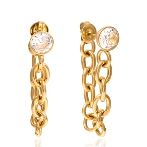 18K gold plated stainless steel chain tassel earrings with round white zircon stones
