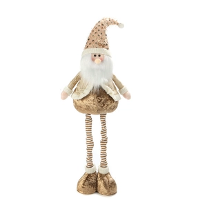 Detail of a Christmas gnome doll with sequins, beige faux fur, and striped knit fabric