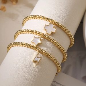 Women Copper Beaded Bracelet 18K Gold Plated Elastic Charm Wristband Cross Star Lightning Minimalist Fashion Jewelry Accessories
