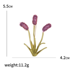 Elegant purple flower brooch with green leaves, 5.5cm height, stylish fashion accessory