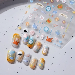 3D embossed nail stickers M628 featuring cute marine animals and pastel floral patterns