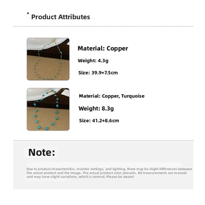 Detailed chart showing gold plated bohemian necklace materials, weight and size dimensions