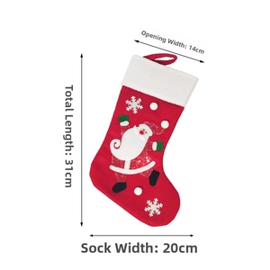Detail view of 31cm tall felt Christmas stocking with Santa Claus and snowflake motifs
