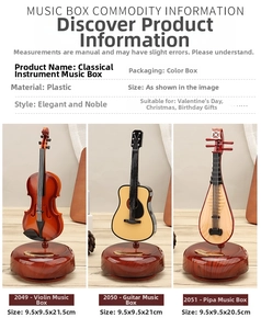 Size chart showing dimensions for vintage violin, guitar and pipa music boxes