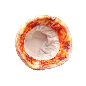 Close-up of tie-dye plush bucket hat showing white fabric lining and adjustable drawstrings