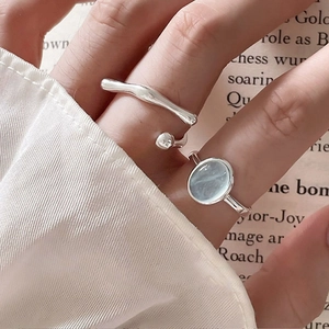 925 Sterling Silver Rings Aquamarine Crystal Oval Gemstone Irregular Liquid Metal Open Adjustable Jewelry For Women