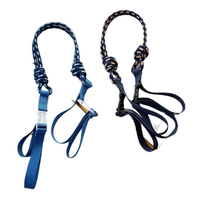 Blue and navy braided pet leash made of nylon webbing with adjustable buckles