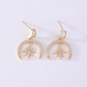 Golden crescent moon and star drop earrings with sparkling white crystals for women