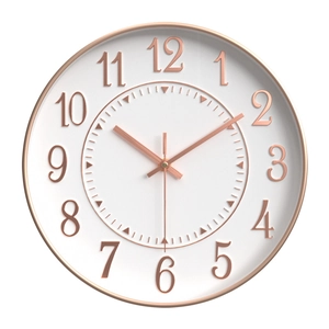 Modern 12-inch round wall clock with rose gold frame and white minimalist dial