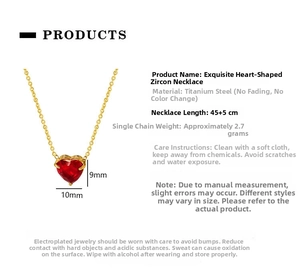 Detailed spec view of titanium steel heart necklace with red cubic zirconia and dimensions