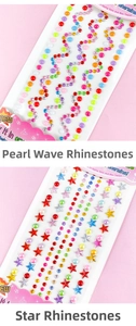 Close-up of DIY acrylic pearl wave and star gemstone stickers on pink background