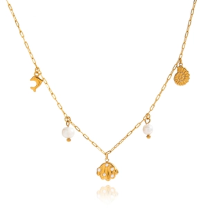 Detailed view of gold rectangle link chain necklace with shell and pearl charms