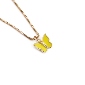 Elegant gold butterfly necklace with yellow enamel and crystal details on box chain