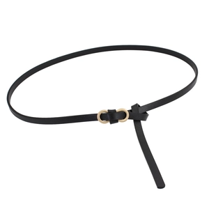 Slim black leather belt for dresses with minimalist gold double-ring buckle detail