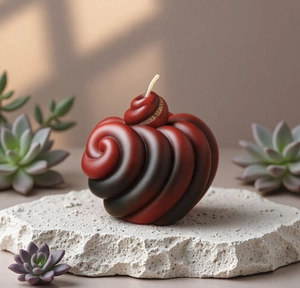 Détail macro d'une bougie parfumée spirale avec dégradé de brun sur un plateau en pierre