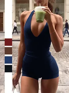 Halter Neck Top And High Waist Shorts Sleeveless Deep V Neck High Stretch Yoga Athletic Summer Casual Outfits For Women