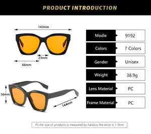 Detailed size chart and dimensions of square oversized sunglasses with PC frame and lens