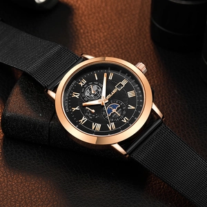 Men's fashion watch with rose gold case, black mesh band and multi-dial calendar