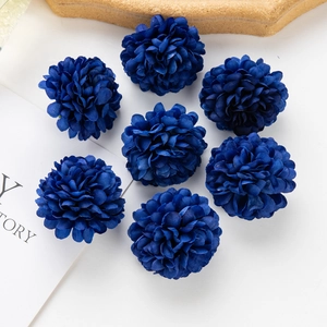 Top view of seven deep blue silk hydrangea flower heads for DIY wedding crafts