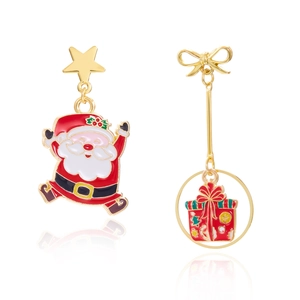 Asymmetric Christmas earrings with enamel Santa Claus, star, and gift box pendants