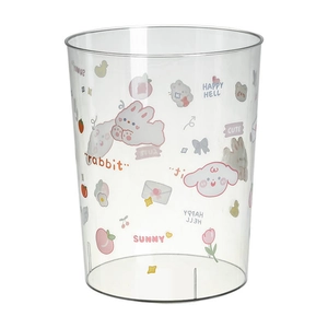 Cute transparent desktop trash can with colorful cartoon patterns and rabbit graphics