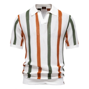 Sommer Leichtes Herren Strick Polo Shirt Viskose Polyester Gestreift Atmungsaktiv Kurzarm Revers Oberteil
